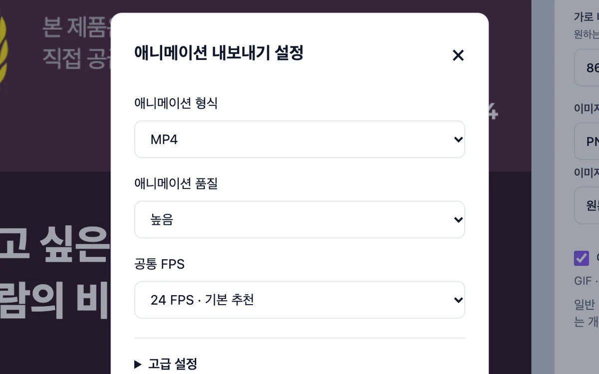 상세페이지 영상으로 받으려고 내보내기 설정에서 형식을 MP4로 고른 화면